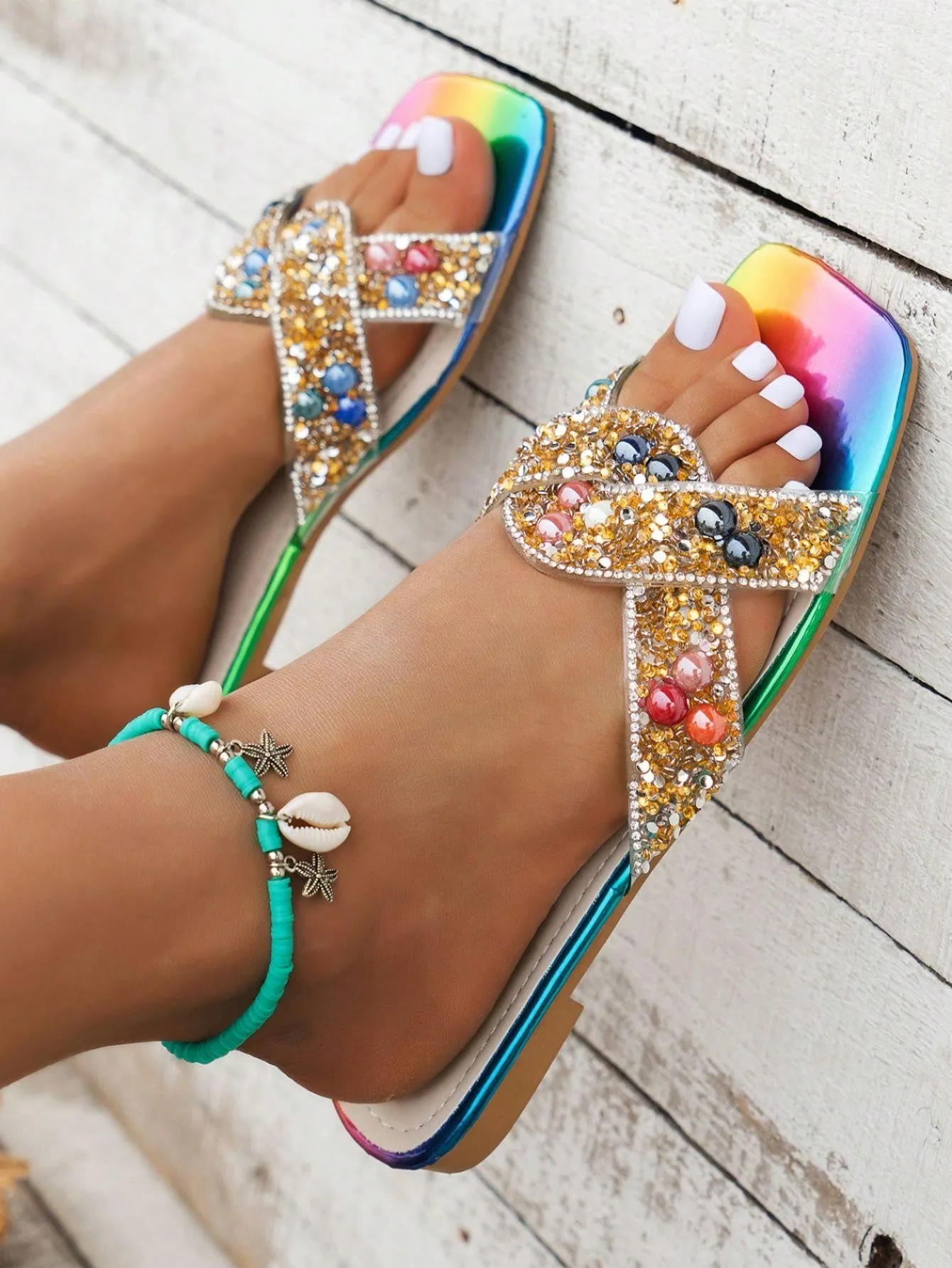 Patriots Slippers 2024 Summer Vibes: Colorful Rhinestone Beach Slippers