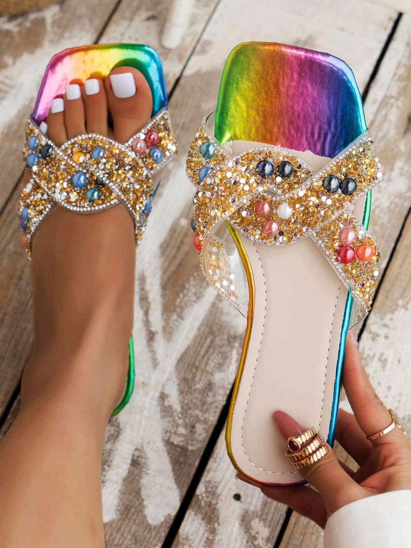 2024 Summer Vibes: Colorful Rhinestone Beach Slippers Bulk Slippers For Wedding