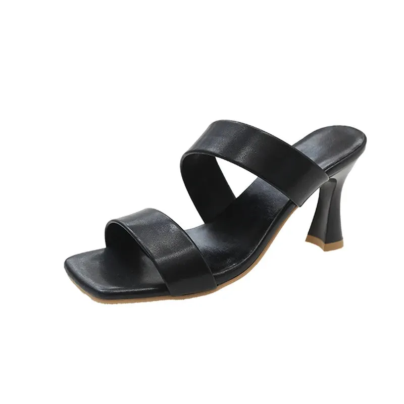 Jailhouse Slippers 8cm Thin Heels Slides Square Toe Straps Sandals