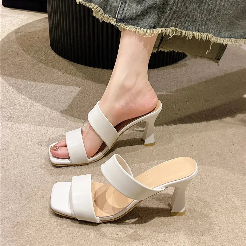 8cm Thin Heels Slides Square Toe Straps Sandals Customisable Slippers
