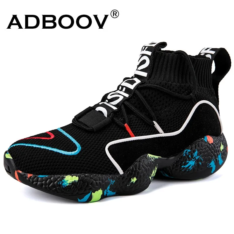 ADBOOV  High Top Sneakers Women Knit Upper Breathable Sock Shoes Woman Thick Sole 5 CM Fashion sapato feminino Black / White Rhinestone Sneakers