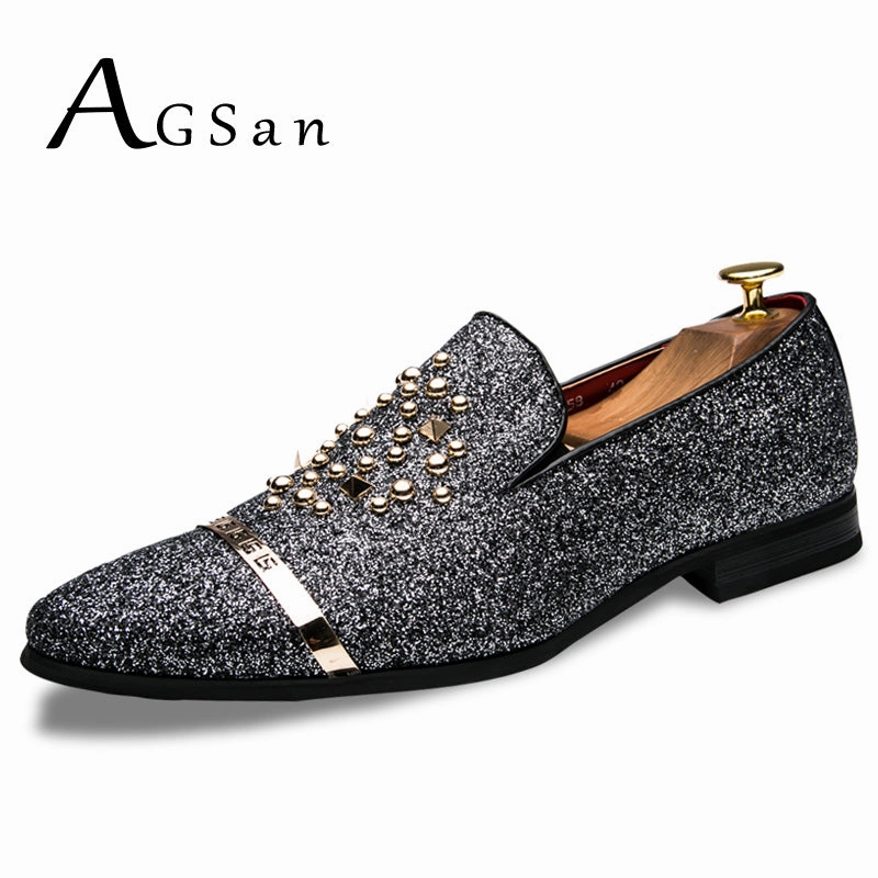 Snake Skin Loafers AGSan Luxury Brand Men loafers Silver Black Diamond Rhinestones Spiked Loafers Rivets shoes Red Bottom Wedding Party Shoes