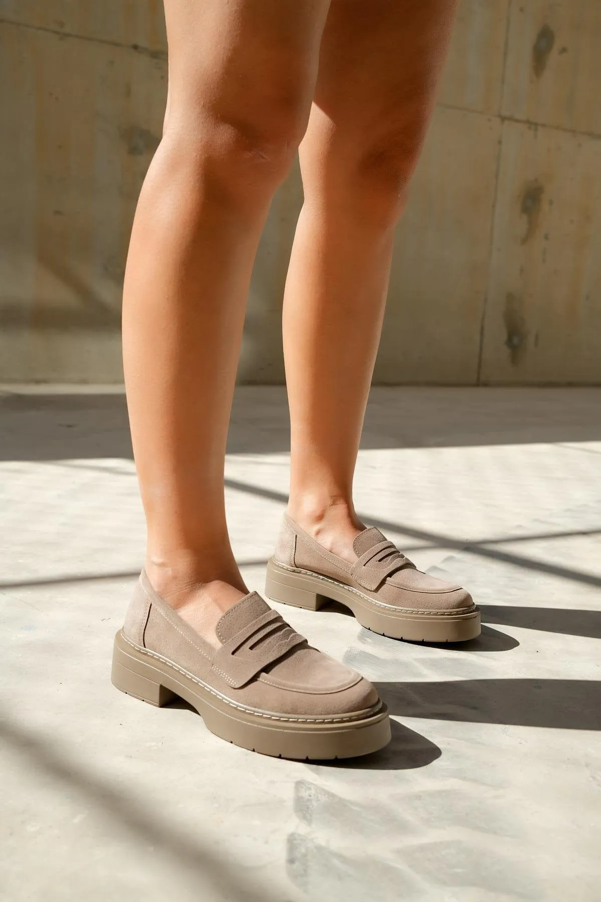 Penny Loafers 1950s Josie Vegan Suede Platform Loafers | Beige