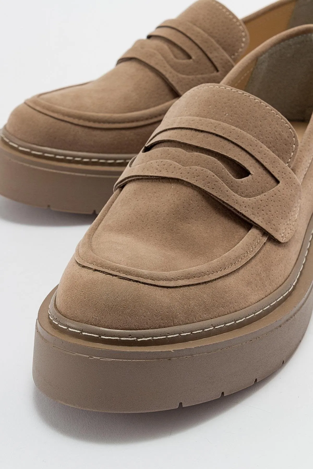 Josie Vegan Suede Platform Loafers | Beige Penny Loafers Near Me