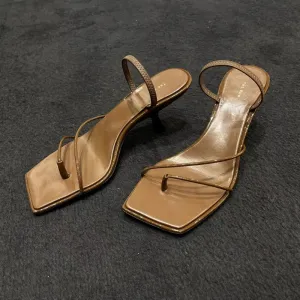 Amozae-2024 New Genuine Leather Retro Square Toe Pinch Sandals Fashion High Heel Slippers Women Women's sandals Heel Sandals