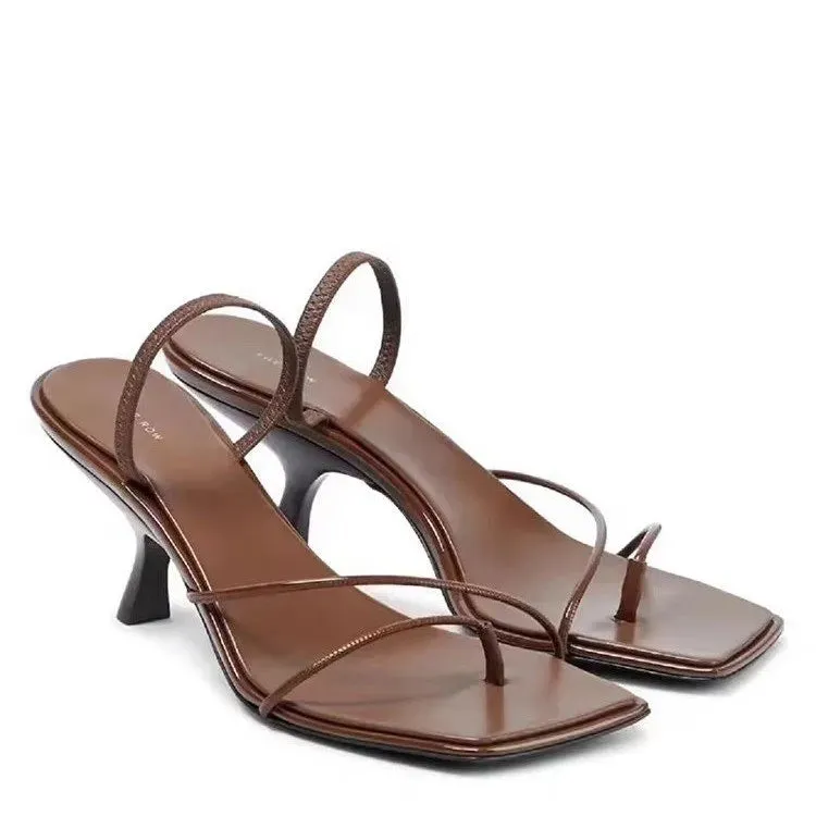 Amozae-2024 New Genuine Leather Retro Square Toe Pinch Sandals Fashion High Heel Slippers Women Women's sandals Capri Sandals