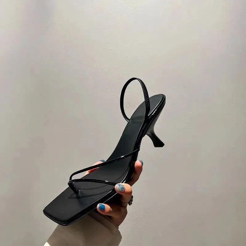 Shoes Sandals Amozae-2024 New Genuine Leather Retro Square Toe Pinch Sandals Fashion High Heel Slippers Women Women's sandals