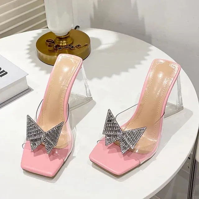Super Fluffy Slippers Amozae-Fashion Rhinestone Bowtie Buckle Slippers Women Summer PVC Transparent Jelly Sandals Crystal Perspex Heels Ladies Dress Shoes