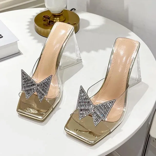 Indoor Pool Slides Amozae-Fashion Rhinestone Bowtie Buckle Slippers Women Summer PVC Transparent Jelly Sandals Crystal Perspex Heels Ladies Dress Shoes