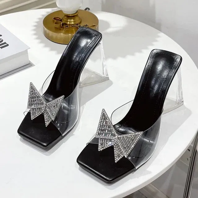 Amozae-Fashion Rhinestone Bowtie Buckle Slippers Women Summer PVC Transparent Jelly Sandals Crystal Perspex Heels Ladies Dress Shoes Feathered Slippers