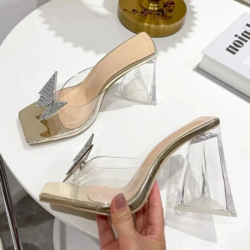 Slippers Italian Amozae-Fashion Rhinestone Bowtie Buckle Slippers Women Summer PVC Transparent Jelly Sandals Crystal Perspex Heels Ladies Dress Shoes