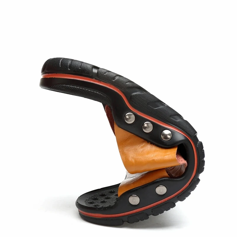 Amozae-Summer Men Slippers Genuine Leather Breathable Clogs Sandals Beach Classics Leather Slides Outdoor Flip Flops Plus Size Men Shoe Mr Grumpy Slippers