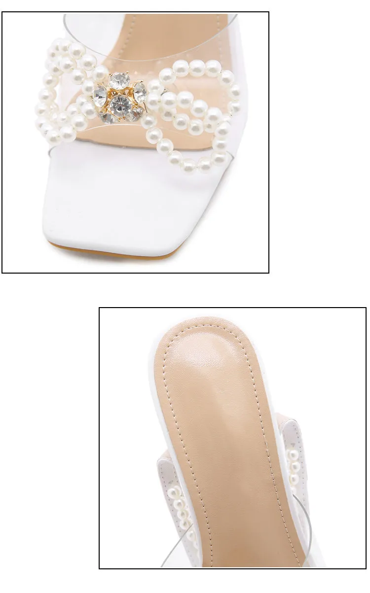 Keens Sandals Aneikeh 2024 Summer White String Bead High Heels Wedding Shoes Butterfly-Knot Narrow Band Thin Heels  Square Toe Party Sandals