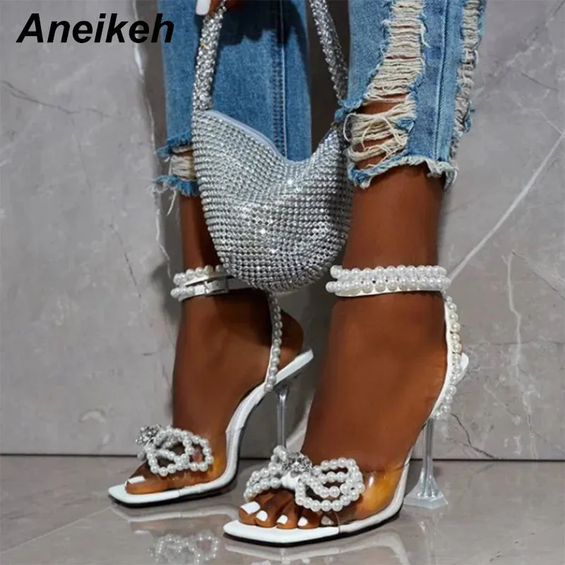 Sandals All-inclusive Resorts Aneikeh 2024 Summer White String Bead High Heels Wedding Shoes Butterfly-Knot Narrow Band Thin Heels  Square Toe Party Sandals