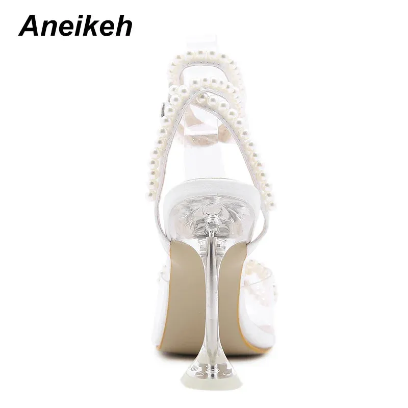 Aneikeh 2024 Summer White String Bead High Heels Wedding Shoes Butterfly-Knot Narrow Band Thin Heels  Square Toe Party Sandals High Heel Sandals