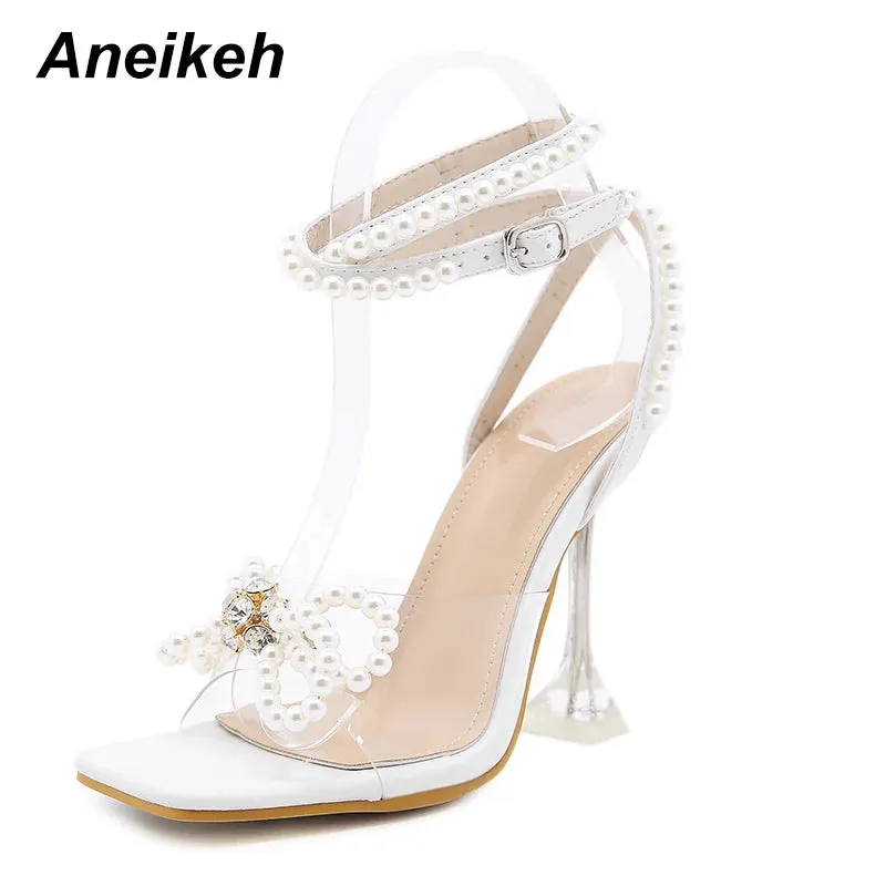 Aneikeh 2024 Summer White String Bead High Heels Wedding Shoes Butterfly-Knot Narrow Band Thin Heels  Square Toe Party Sandals 2 Strap Sandals