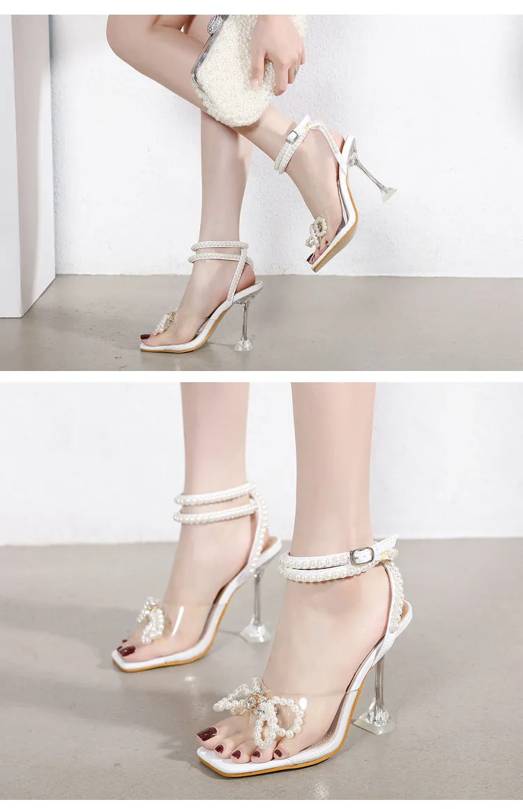 Aneikeh 2024 Summer White String Bead High Heels Wedding Shoes Butterfly-Knot Narrow Band Thin Heels  Square Toe Party Sandals Sandals Vacancies