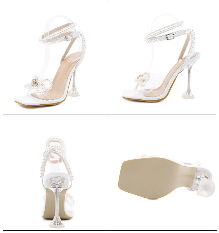 Walking Comfortable Sandals Aneikeh 2024 Summer White String Bead High Heels Wedding Shoes Butterfly-Knot Narrow Band Thin Heels  Square Toe Party Sandals