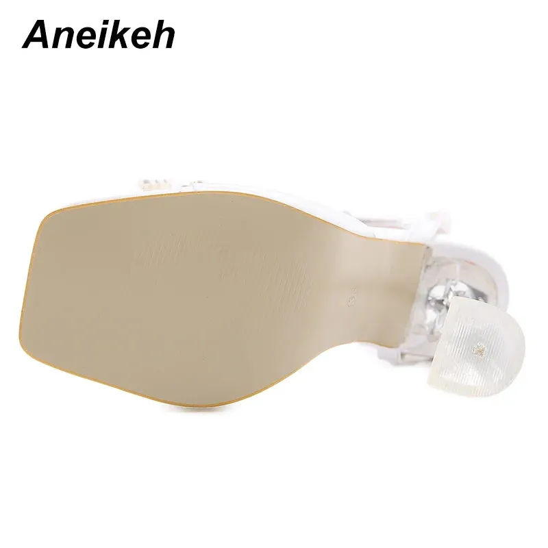 Aneikeh 2024 Summer White String Bead High Heels Wedding Shoes Butterfly-Knot Narrow Band Thin Heels  Square Toe Party Sandals Lace Up Sandals Heels