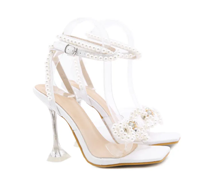 Sandals Jamaica Ochi Aneikeh 2024 Summer White String Bead High Heels Wedding Shoes Butterfly-Knot Narrow Band Thin Heels  Square Toe Party Sandals