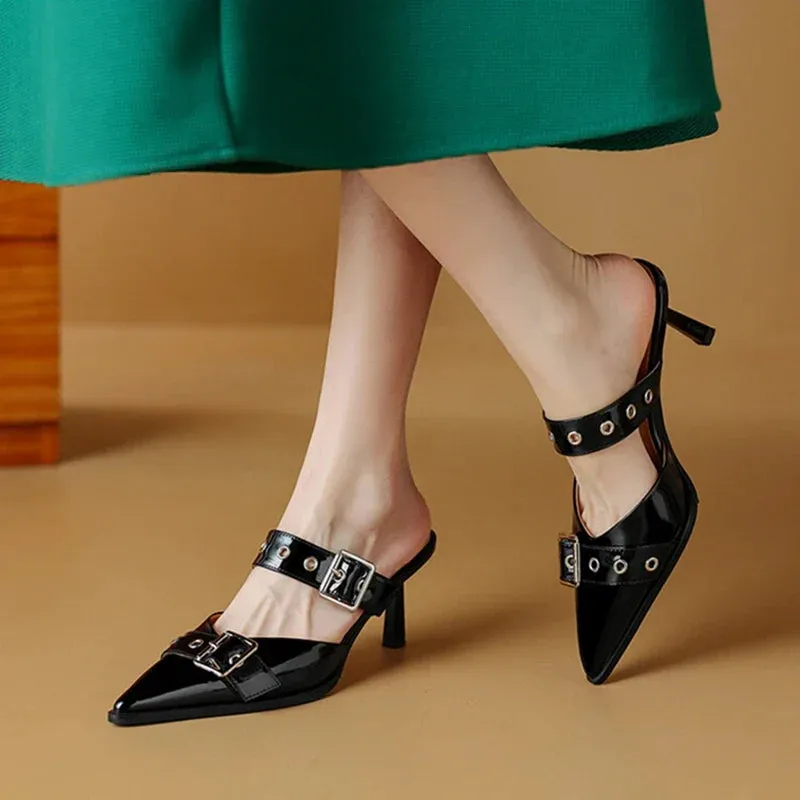 binfenxie NEW Summer Women Sandals Patent Leather Shoes for Women Cover Toe Thin Heel Slippers Belt Buckle Mules Ponited Toe Women Shoes Alpaca Gripper Slippers