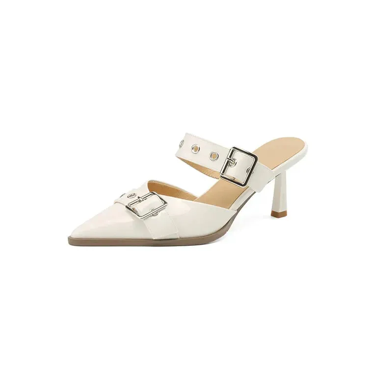 Hey Dude House Slippers binfenxie NEW Summer Women Sandals Patent Leather Shoes for Women Cover Toe Thin Heel Slippers Belt Buckle Mules Ponited Toe Women Shoes