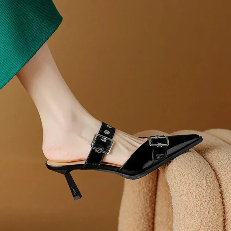 Best Slippers For Back Pain binfenxie NEW Summer Women Sandals Patent Leather Shoes for Women Cover Toe Thin Heel Slippers Belt Buckle Mules Ponited Toe Women Shoes