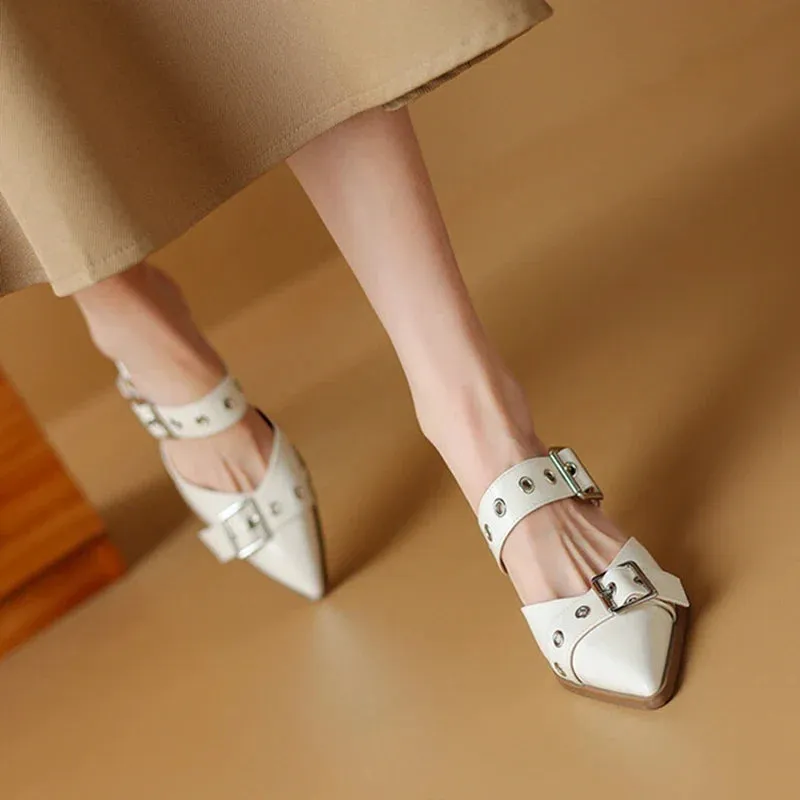 Peeps Slippers binfenxie NEW Summer Women Sandals Patent Leather Shoes for Women Cover Toe Thin Heel Slippers Belt Buckle Mules Ponited Toe Women Shoes