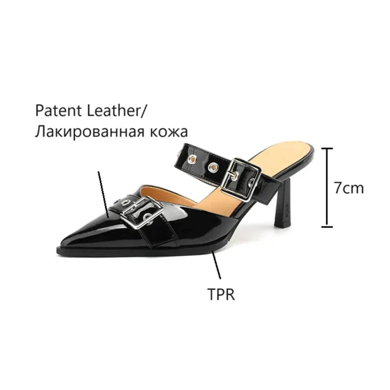 binfenxie NEW Summer Women Sandals Patent Leather Shoes for Women Cover Toe Thin Heel Slippers Belt Buckle Mules Ponited Toe Women Shoes Bedroom Slippers