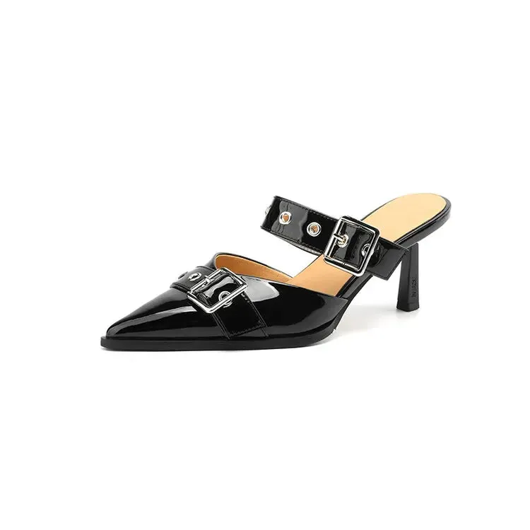 binfenxie NEW Summer Women Sandals Patent Leather Shoes for Women Cover Toe Thin Heel Slippers Belt Buckle Mules Ponited Toe Women Shoes Ariate Slippers