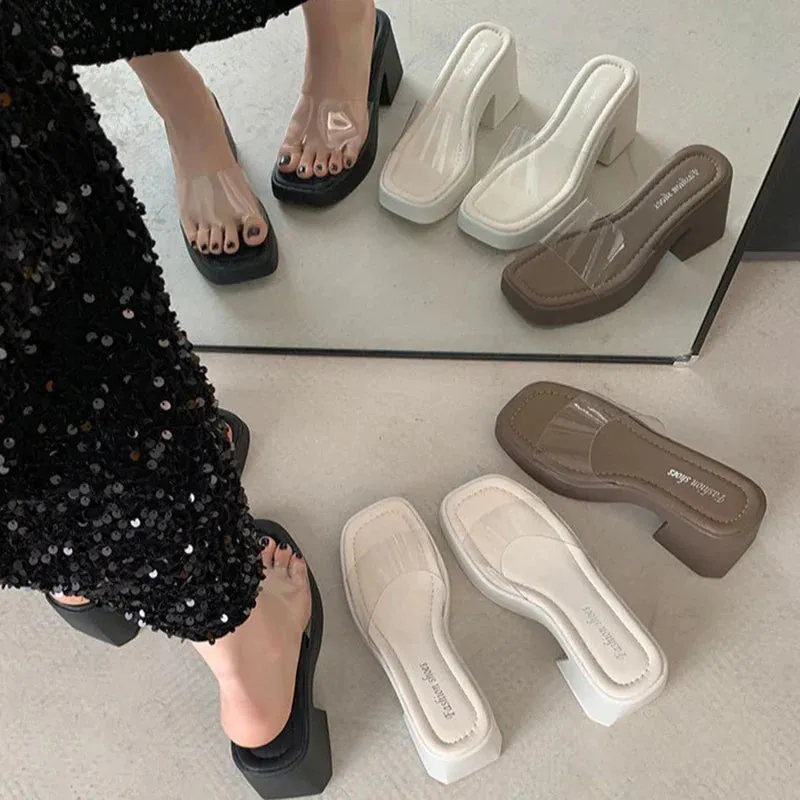 Orange Slide binfenxie Design PVC Transparent Open Toe Woman Slippers Fashion Platform Thick High Heel Ladies Shoes