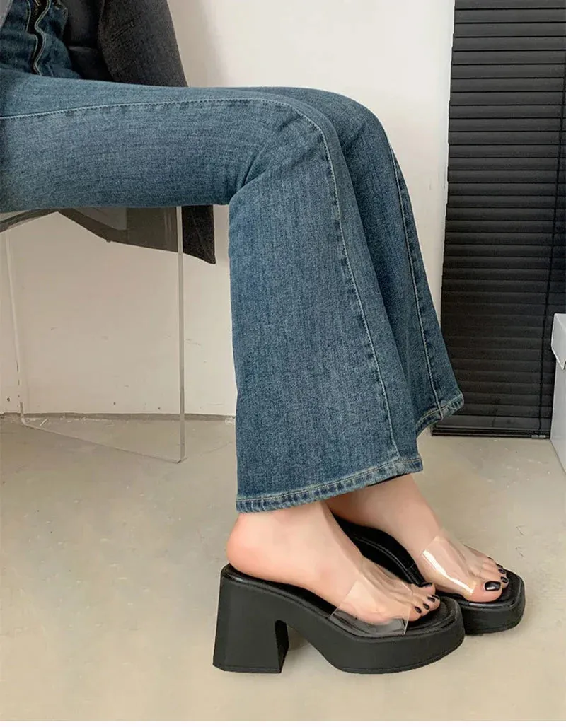 binfenxie Design PVC Transparent Open Toe Woman Slippers Fashion Platform Thick High Heel Ladies Shoes Fuzzy Sneakers Slippers