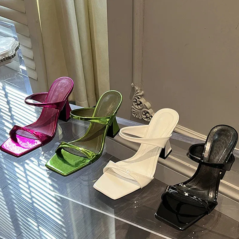 binfenxie Elegant Square Toe Slippers Women's Design Strange Style High Heels Female Dress Sandalias De Mujer Aldi Slides