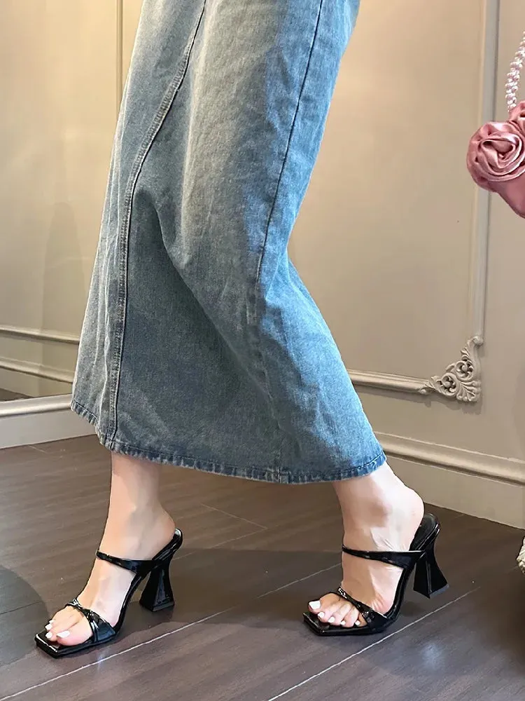 binfenxie Elegant Square Toe Slippers Women's Design Strange Style High Heels Female Dress Sandalias De Mujer Willow And Ruby Slippers