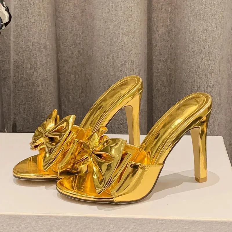 binfenxie Fashion Gold Silver Pointed Toe Women Slippers Sexy Design Butterfly-knot Thin High Heels Stripper Slides Shoes Snakeskin Slides