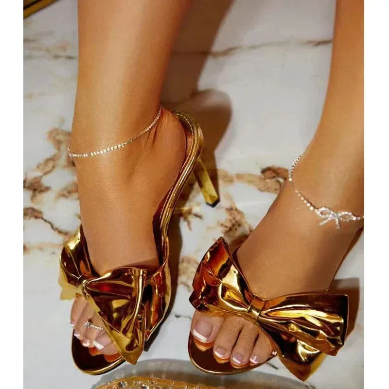 Slippers With Bling binfenxie Fashion Gold Silver Pointed Toe Women Slippers Sexy Design Butterfly-knot Thin High Heels Stripper Slides Shoes