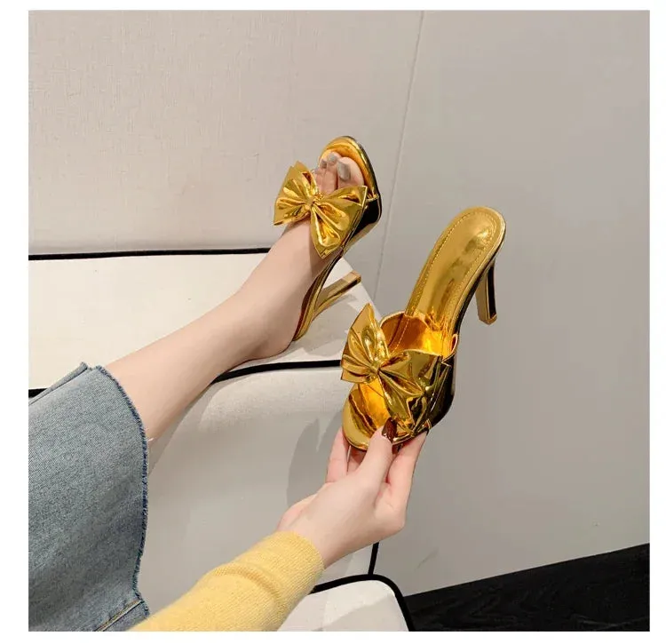 Grinch Bedroom Slippers binfenxie Fashion Gold Silver Pointed Toe Women Slippers Sexy Design Butterfly-knot Thin High Heels Stripper Slides Shoes
