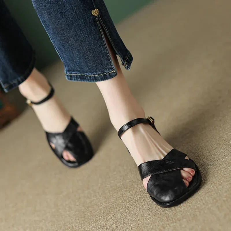 Slide Sandals binfenxie Genuine Leather Sandals Women 2023 Summer Cover Toe Slingback Shoes for Women Casual Gladiator Women Shoes Vintage Roman Sandals