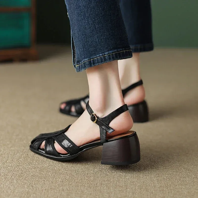 Roxy Sandals binfenxie Genuine Leather Sandals Women Summer Cover Toe Slingback Shoes for Women Casual Gladiator Women Shoes Vintage Roman Sandals