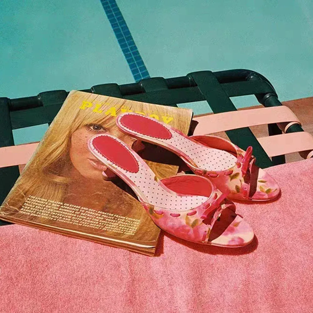 binfenxie  -  Peep Toe Bow Pink Mules Sweet Round Toe Low Heels Slip-On Flower Heart Printed Slippers Summer Women Casual Rubber Shoes Kiss Slippers