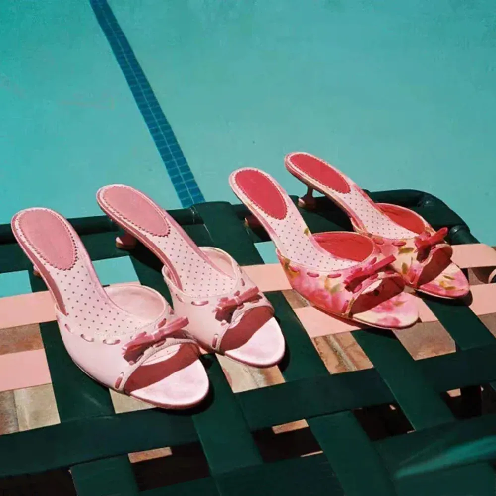 binfenxie  -  Peep Toe Bow Pink Mules Sweet Round Toe Low Heels Slip-On Flower Heart Printed Slippers Summer Women Casual Rubber Shoes Great Slippers