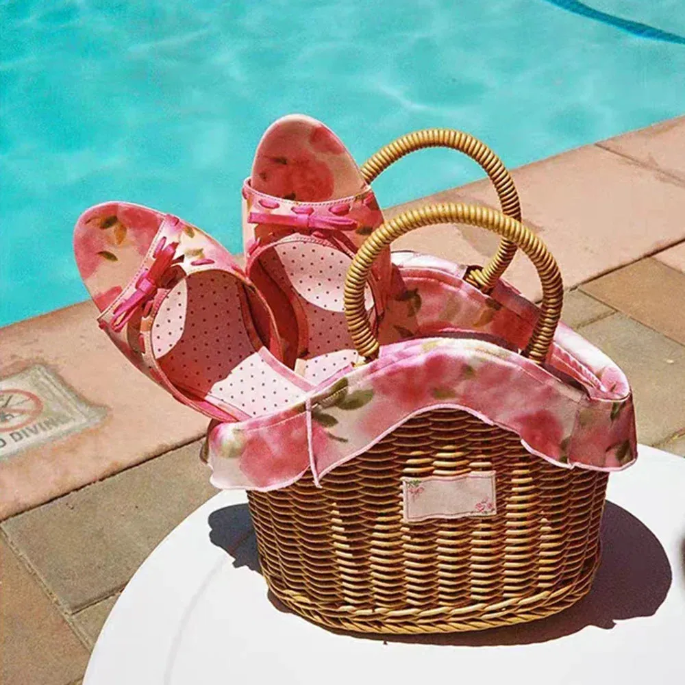 Summer House Slippers binfenxie  -  Peep Toe Bow Pink Mules Sweet Round Toe Low Heels Slip-On Flower Heart Printed Slippers Summer Women Casual Rubber Shoes