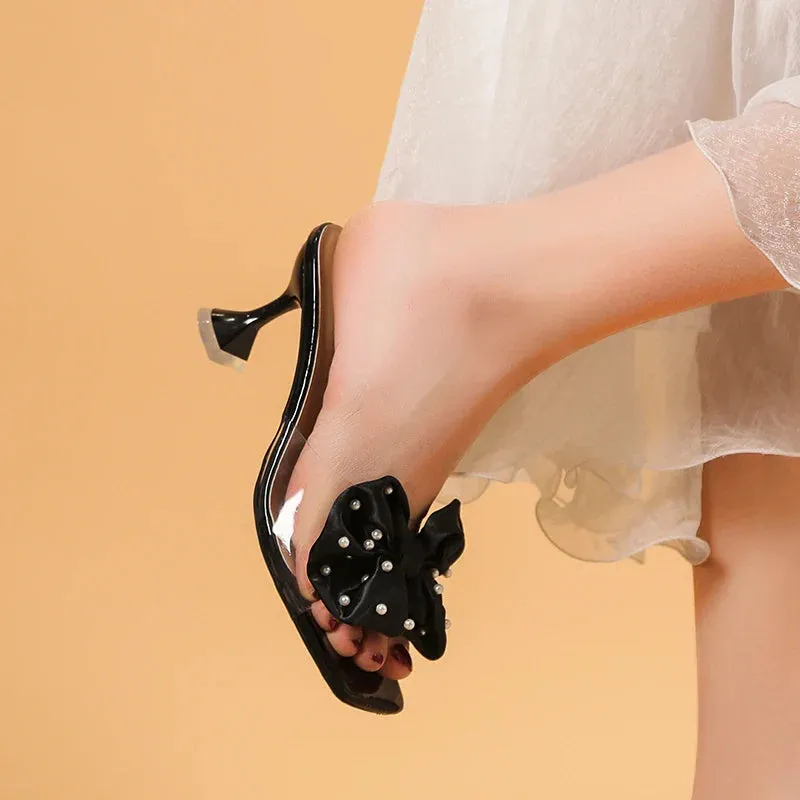 binfenxie  -  Women Pumps Fashion Bow Design Cute Women Slippers Peep Toe High Heels Shoes Party Shopping Shoes Chaussure Femme Sweater Slippers