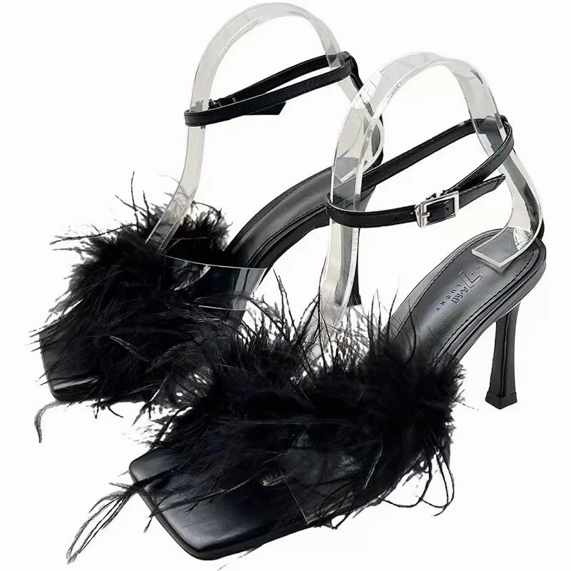 binfenxie  -  High Heels Shoes Fur Women Sandals Summer Open Toe 2024 New Fashion Pumps Shoes Designer Flip Flops Party Slides Ladies Zapatos Flip Flops With Velcro Changeable Straps