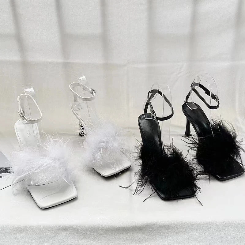 binfenxie  -  High Heels Shoes Fur Women Sandals Summer Open Toe 2024 New Fashion Pumps Shoes Designer Flip Flops Party Slides Ladies Zapatos The Buckle Flip Flops