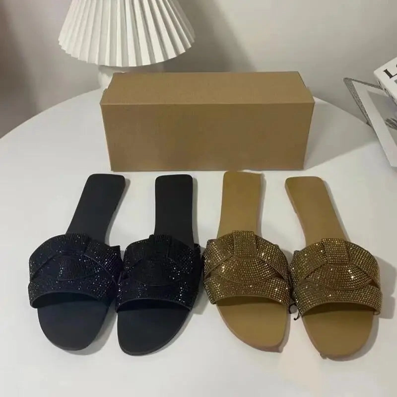 binfenxie  -  Women 2024 Fashion Flat Sandals Summer Luxury Round Toe Rhinestone Strap Slippers Casual Flip flops Beach Slingbacks Shoes Squeaky Flip Flops