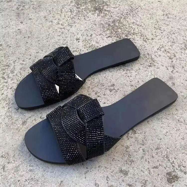 binfenxie  -  Women 2024 Fashion Flat Sandals Summer Luxury Round Toe Rhinestone Strap Slippers Casual Flip flops Beach Slingbacks Shoes Base Camp Flip Flops