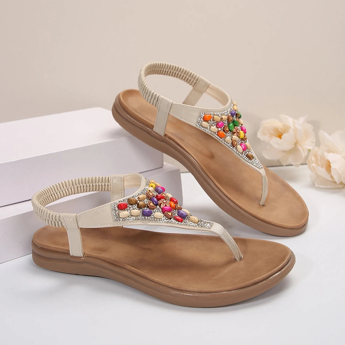 Bohemia Elastic Band Summer Flat Heel Sandals Colorful Beads Reaction Flip Flops