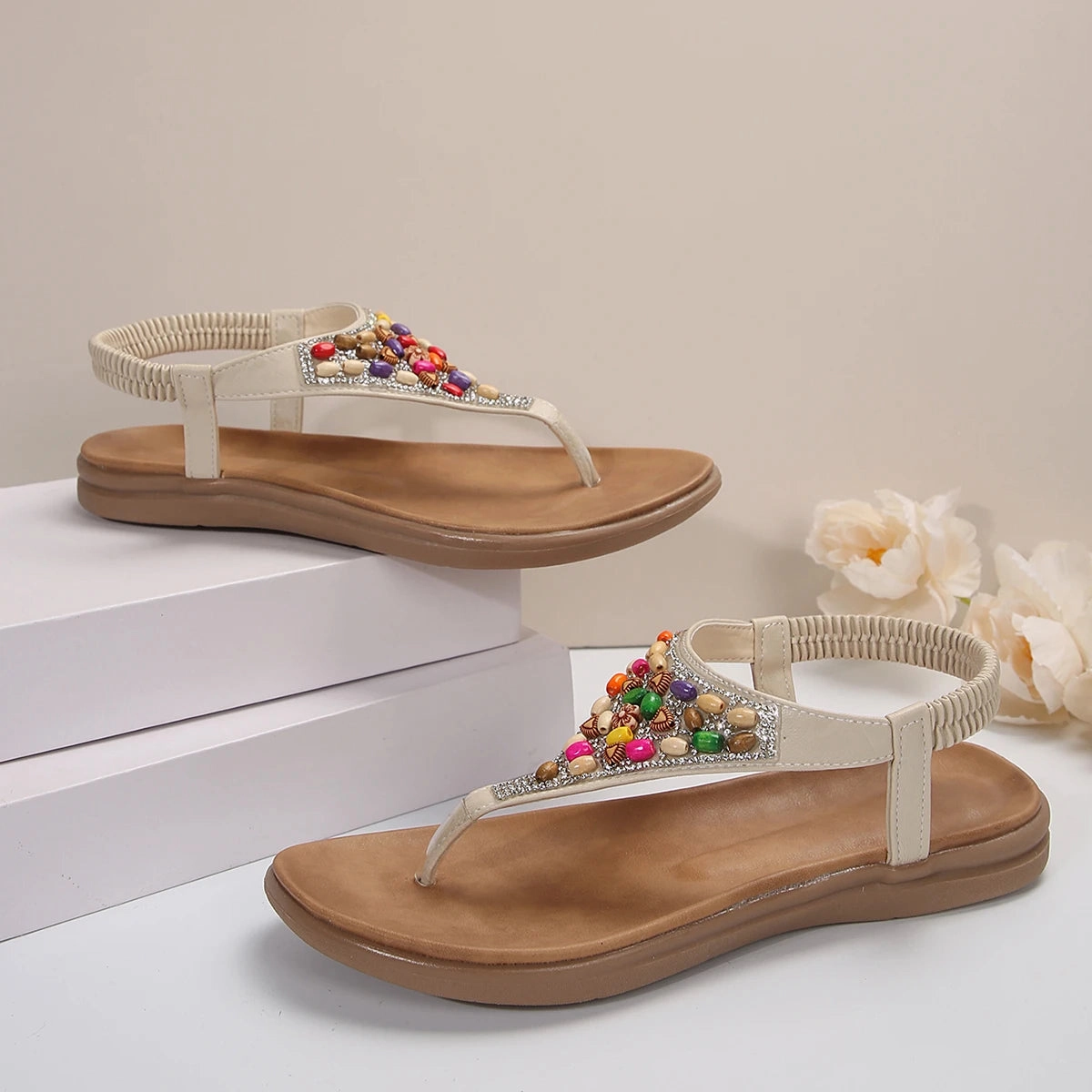 Freewaters Flip Flops Bohemia Elastic Band Summer Flat Heel Sandals Colorful Beads