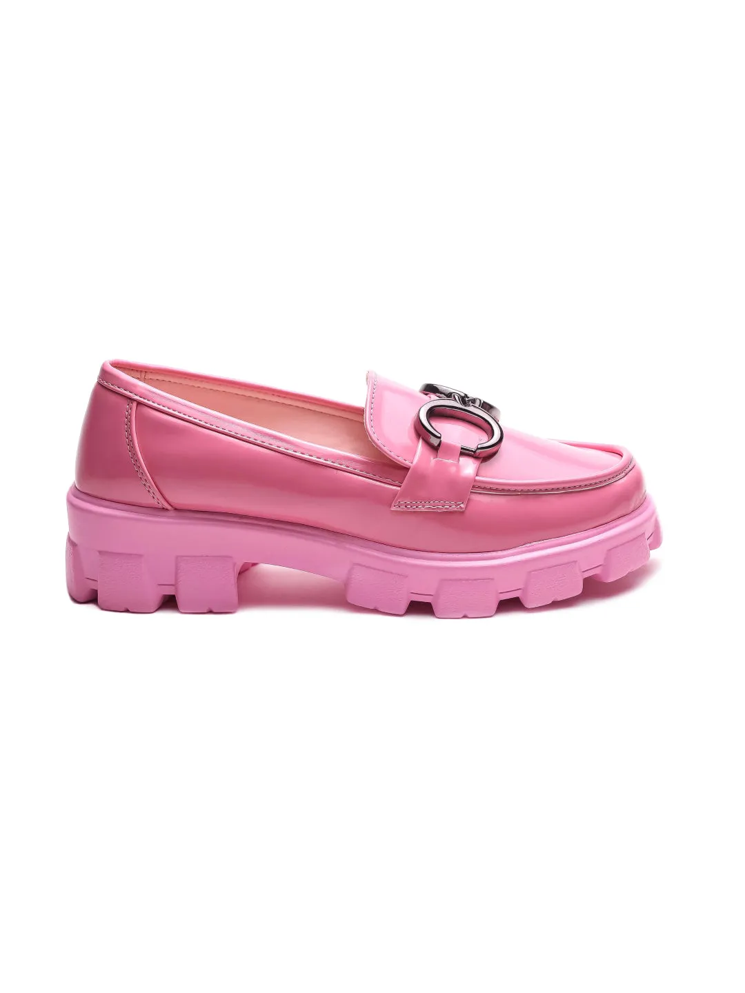 Chunky High Heeled Loafers Brauch Pink Patent Embellished Loafer Shoe